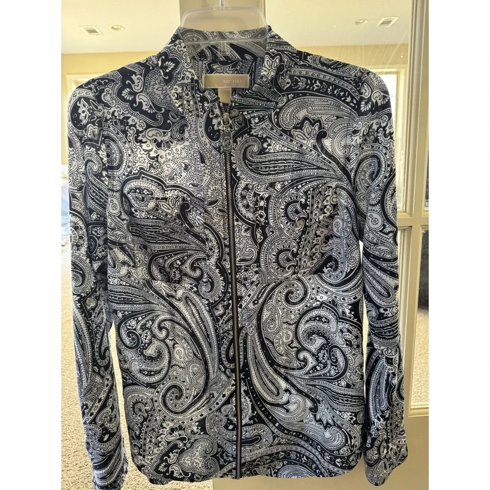 Michael Kors Women's Floral Paisley Tab Sleeve Zip Shirt Jacket Top Sz‎ 2